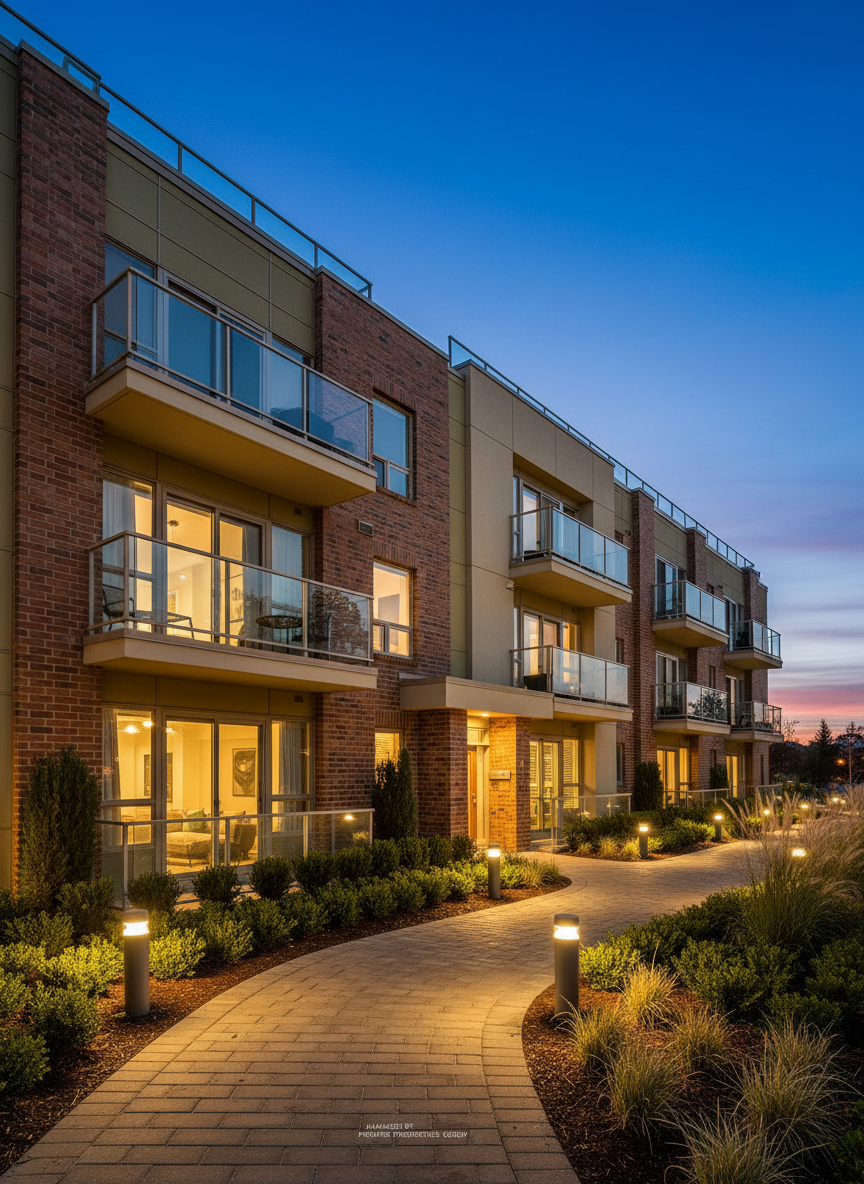 A twilight exterior shot of a multi-unit residential building managed by a professional real estate agency, featuring a mix of brick and smooth render in complementary earthy tones. Individual balconies with glass balustrades overlook a landscaped entry pathway lined with low bollard lights and structured planting beds. The sky is deep blue, and interior apartment lights glow warmly through large windows, suggesting comfortable living spaces without revealing occupants. Captured from a low-angle perspective near the entry path, the image uses photographic realism with long-exposure sharpness to emphasize crisp lines and subtle reflections. The overall mood is secure, established, and aspirational, ideal for showcasing investment properties and rentals in a professional portfolio.