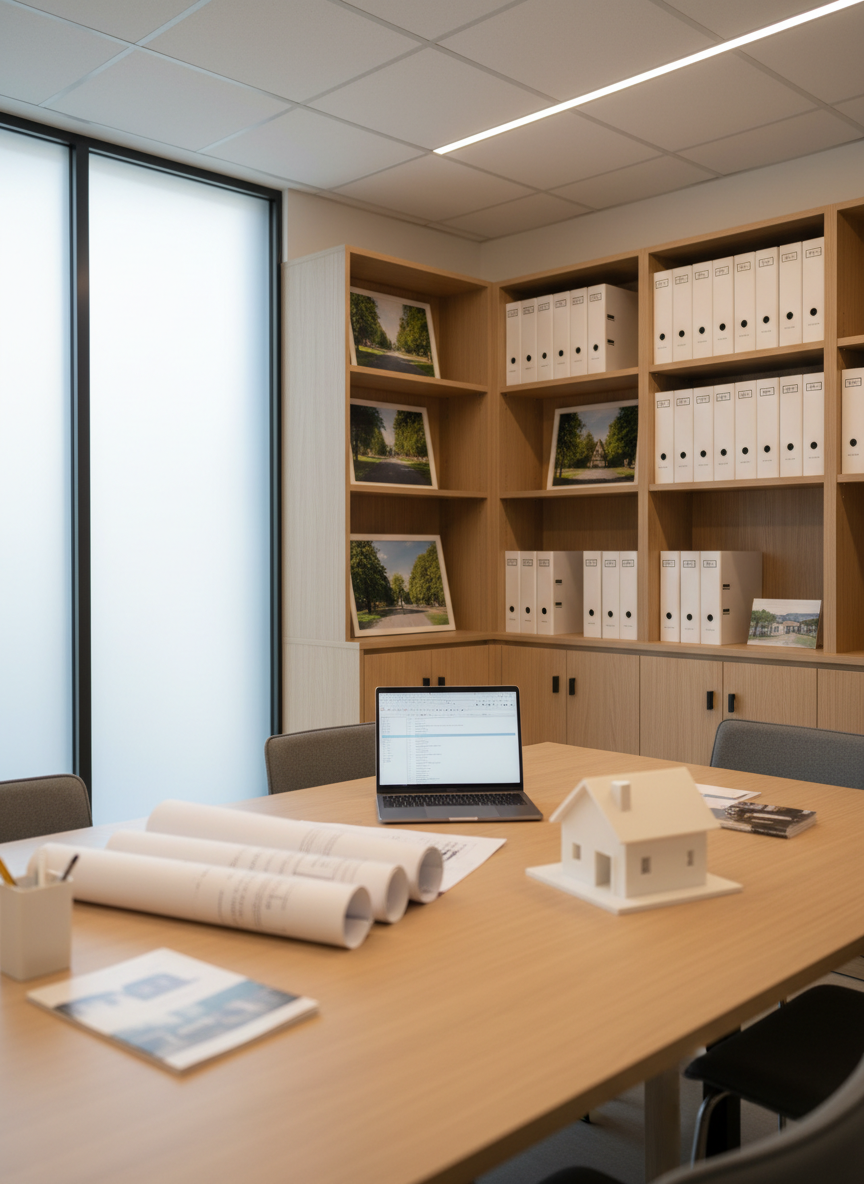 A tidy property management office corner designed for real estate consultations, featuring a large light-wood meeting table with a neatly arranged open laptop, printed floor plans, and a small architectural-scale house model in white matte plastic. Behind, built-in shelving displays organized binders and subtly framed landscape photographs of residential streets. The space is illuminated by soft, even overhead LED lighting combined with diffused daylight from a nearby frosted window, reducing glare and creating a professional, trustworthy mood. Photographed from a slightly elevated perspective, the composition centers the table and model, with a shallow depth of field gently blurring the background shelves. The style is clean, minimal, and photographic, conveying a sense of clarity, planning, and confidence in buying, renting, or selling property.