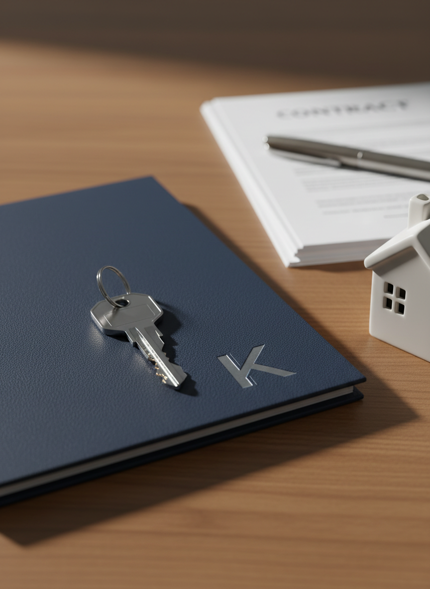 A detailed close-up of a polished chrome house key resting on a crisp, dark blue property folder embossed with a subtle silver K-shaped monogram logo, symbolizing a professional real estate brand. The folder lies on a smooth, warm-toned timber desk alongside a neatly stacked contract, a pen with brushed metal finish, and a miniature white ceramic house with defined windows and roof tiles. Soft, directional studio lighting from the left creates refined highlights along the key’s edges and gentle shadows that add depth without clutter. Shot with a shallow depth of field, the key and logo are in razor-sharp focus while background elements blur into a soft bokeh. The photographic style is clean, corporate, and reassuring, evoking confidence in property transactions and settlements.