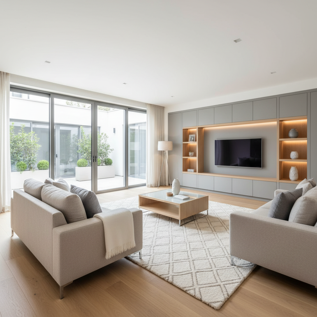 A bright, meticulously presented living room in a modern residential property, featuring a neutral palette of soft greys, warm whites, and light oak flooring. A sleek built-in media unit lines one wall, while a low-profile coffee table sits centrally on a textured wool rug. Large sliding glass doors open to a compact, landscaped courtyard, allowing abundant natural daylight to flood the space. The scene is captured from a slightly elevated corner angle with a wide lens, maintaining sharp focus throughout. Subtle, diffused midday light creates minimal shadows and a clean, professional atmosphere. Photographic realism emphasizes straight, vertical lines and uncluttered surfaces, reinforcing a polished, move-in-ready property ideal for buyers and renters seeking comfort and style.