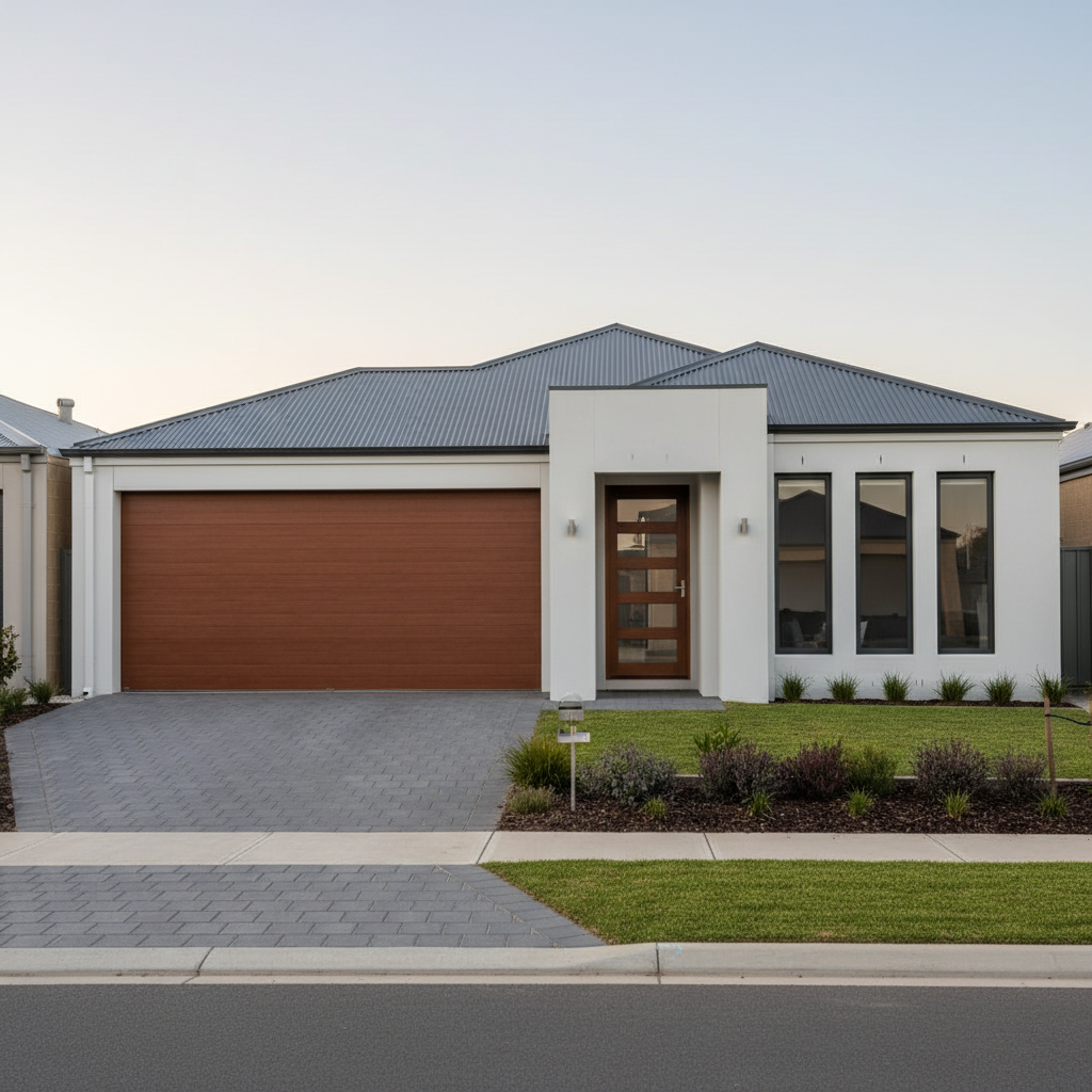 A contemporary single-story family home exterior with a crisp white rendered façade, charcoal metal roof, and large double garage door in warm timber-look finish. The house sits on a neatly landscaped suburban street with manicured lawn, low native shrubs, and a paved driveway leading to the front entrance. Soft late-afternoon natural light casts gentle shadows along the walls, highlighting clean architectural lines and wide, frameless windows. Shot at eye level from the street with photographic realism, the composition uses the rule of thirds to balance the home against a softly blurred neighboring property. The mood is calm, secure, and inviting, conveying a sense of dependable residential real estate in a modern Australian neighborhood.