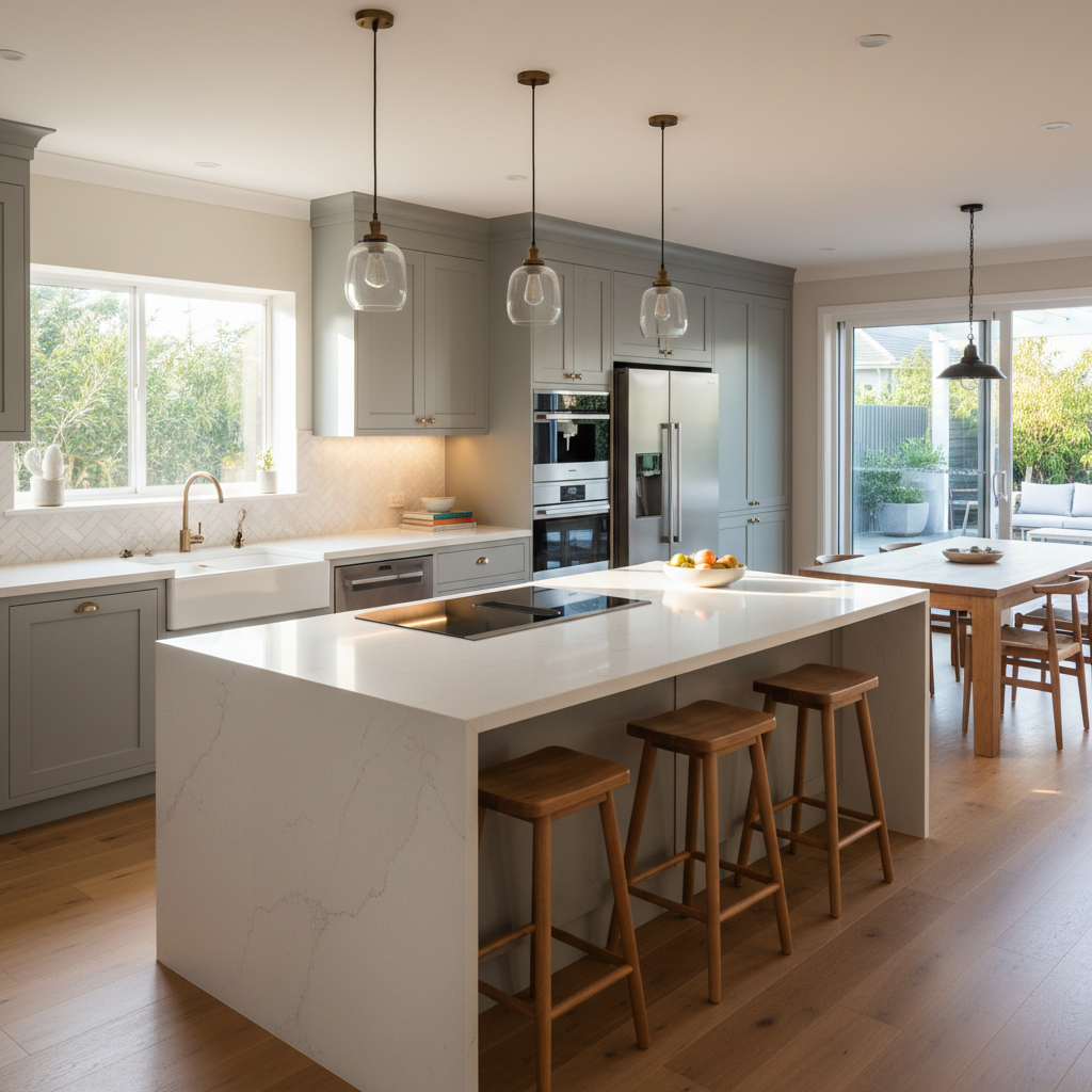 A spacious, sunlit kitchen in a high-end residential listing, showcasing an expansive white stone island bench with waterfall edges, integrated stainless steel appliances, and matte shaker-style cabinetry in soft dove grey. Subtle under-cabinet lighting washes down a pale subway tile splashback, while pendant lights with clear glass shades hang neatly above the island. The kitchen opens to a dining area and glimpses of an outdoor deck through large glass doors. Captured at eye level with a slightly off-center composition, the image uses photographic realism and a wide depth of field to keep every surface and fixture in crisp detail. Warm morning light streams in, creating gentle highlights on the stone and timber, evoking a professional, aspirational yet practical family lifestyle.